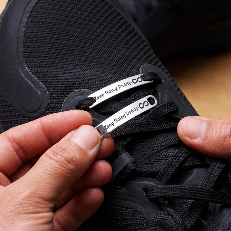Personalized running shoe tag for dad, a unique custom shoe tag and engraved Father's Day gift.