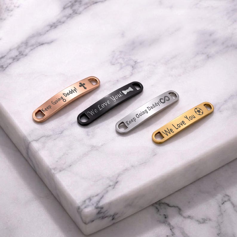 Custom shoelace tags in stainless steel, a premium runner's gift and useful gear for an outdoor runner dad.