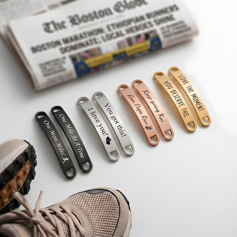 Custom shoelace tags for running shoes, the perfect Father's Day gifts for runners and marathon athletes.