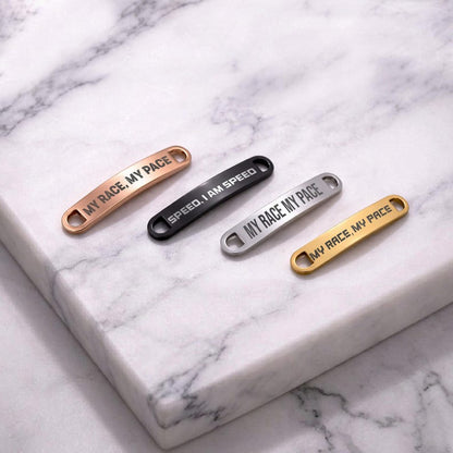 Custom shoelace tags in stainless steel, a premium gift for runner and useful gear for active men.