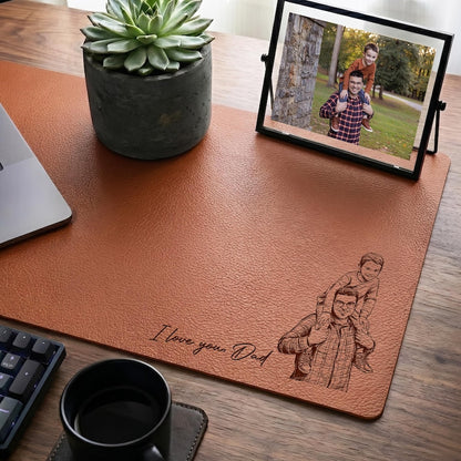 Custom leather desk mat featuring a custom portrait drawing from photo, the perfect Father's Day gift for husband.
