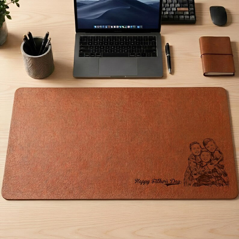 Father's day desk gifts featuring a custom line sketch, creating a memorable personalized leather desk mat from family.