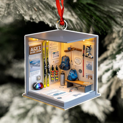 This personalized Christmas ornament, a Personalized Skiing Gear Room Acrylic Ornament, is a custom snowboarding ornament for the holidays.