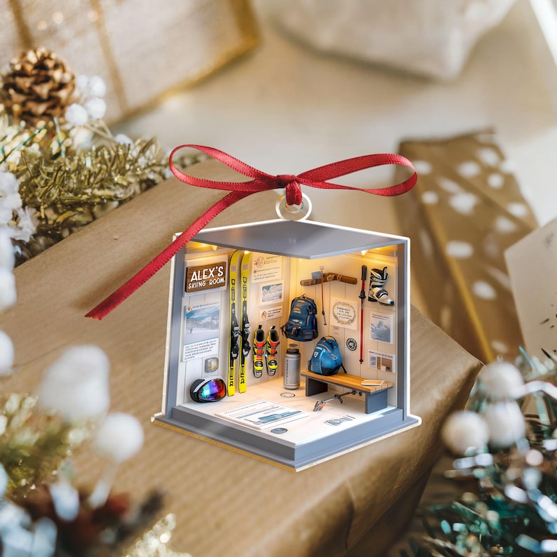 The perfect gift ideas for skiers, this Personalized Skiing Gear Room Acrylic Ornament is a unique personalized Christmas ornament.