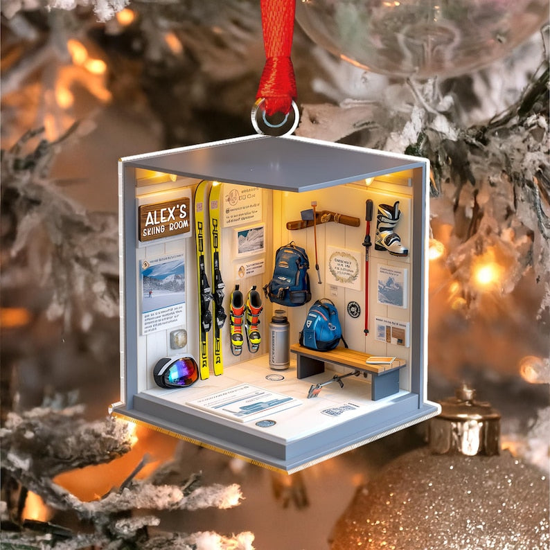 A custom Personalized Skiing Gear Room Acrylic Ornament, a beautiful snowboarding ornament and personalized Christmas keepsake.