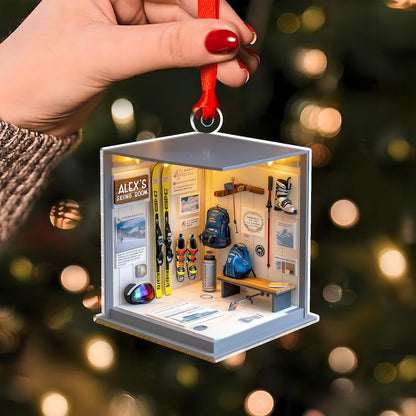 This skiing ornament, a Personalized Skiing Gear Room Acrylic Ornament, serves as a great personalized Christmas ornament.