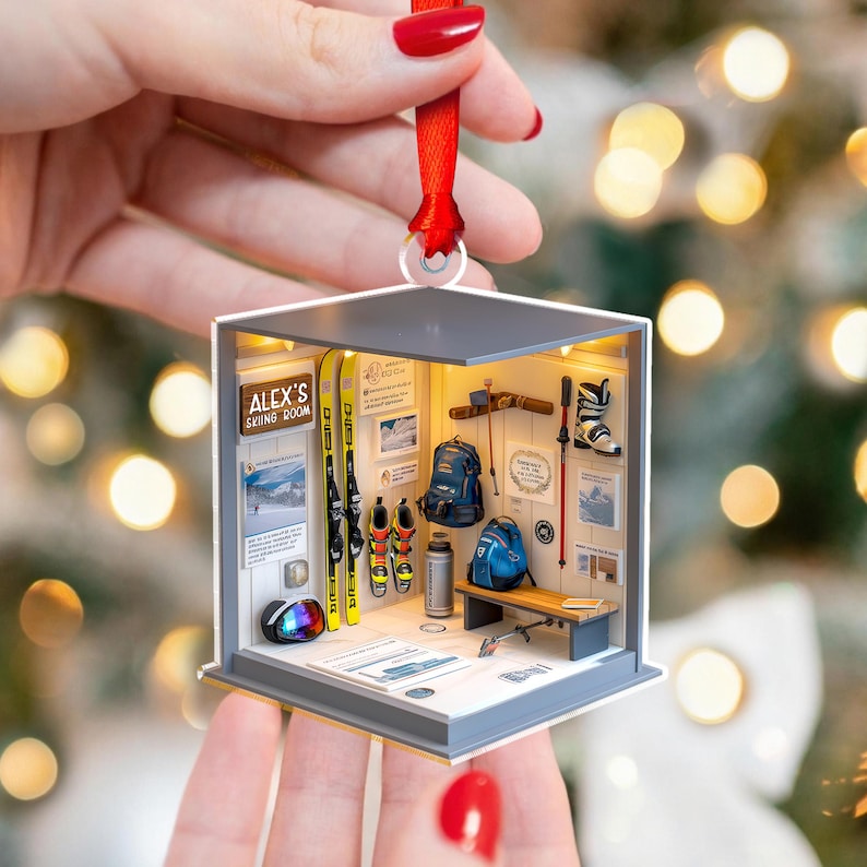 An elegant personalized Christmas ornament, the Personalized Skiing Gear Room Acrylic Ornament is a unique skiing ornament and gift idea.