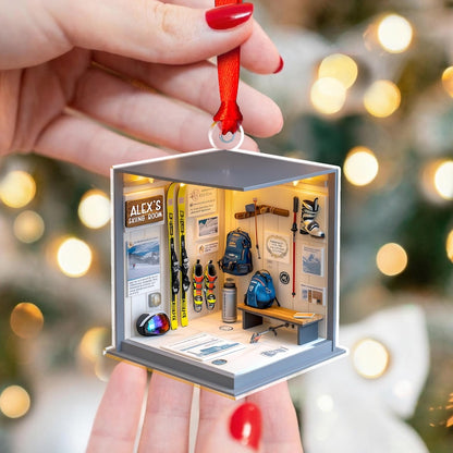 An elegant personalized Christmas ornament, the Personalized Skiing Gear Room Acrylic Ornament is a unique skiing ornament and gift idea.