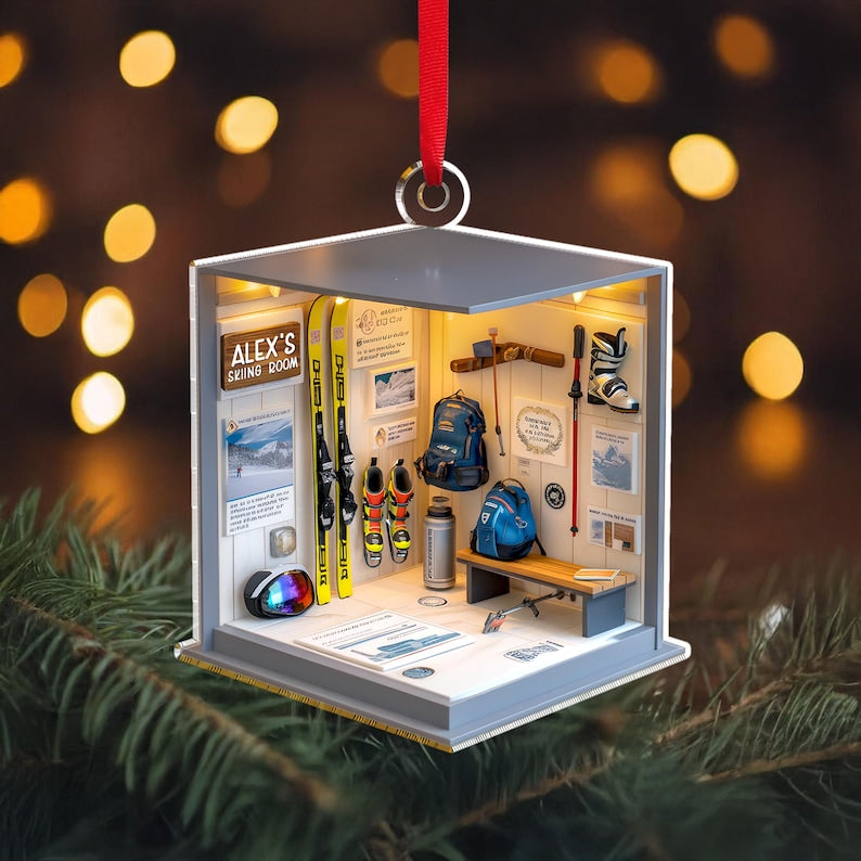 A beautiful skiing ornament, this Personalized Skiing Gear Room Acrylic Ornament is a lasting personalized Christmas ornament.