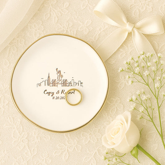 Personalized Skyline Ring Dish as a meaningful first anniversary gift with city silhouette  