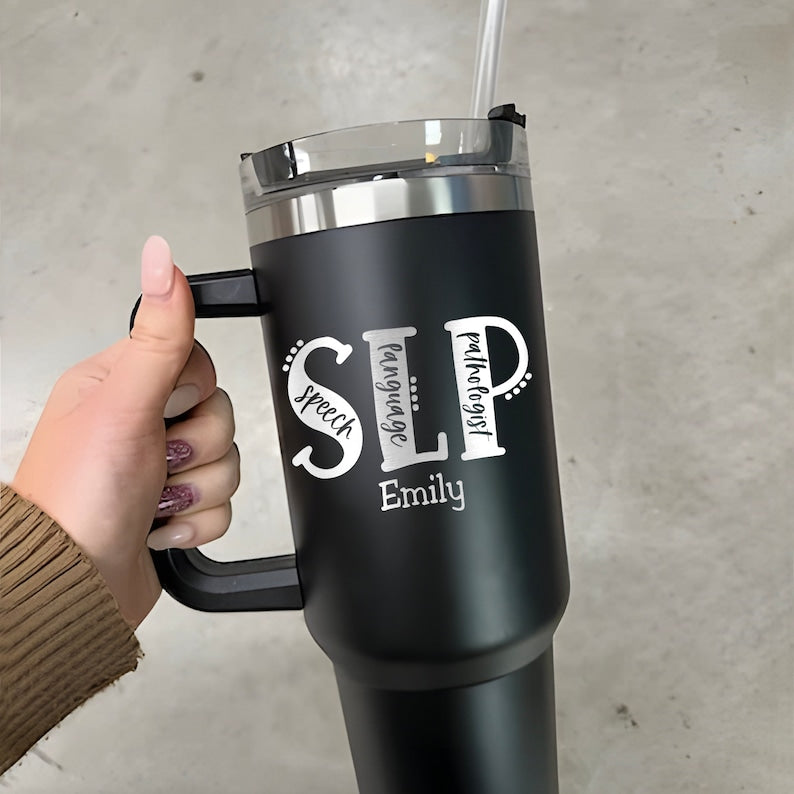 This custom tumbler features a unique SLP design, making it a thoughtful speech language pathologist gift.