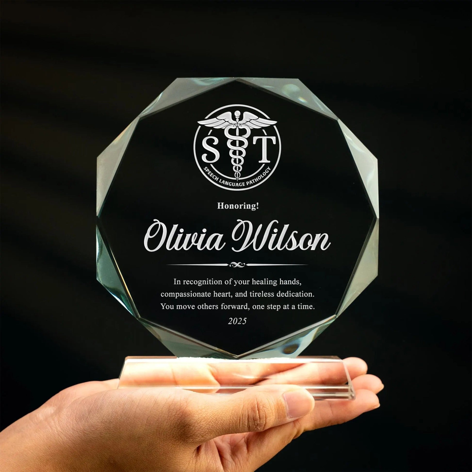SLP gifts made special with custom engraved crystal award for recognition  