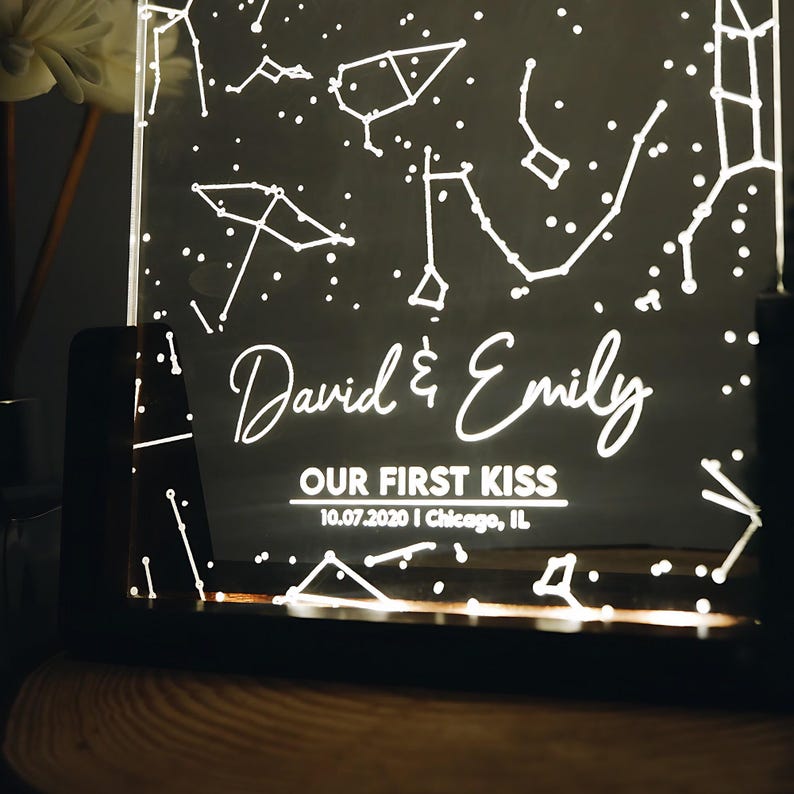 A unique custom couple night light, the Personalized Star Map Acrylic Night Light is a lovely couple Valentine's gift.