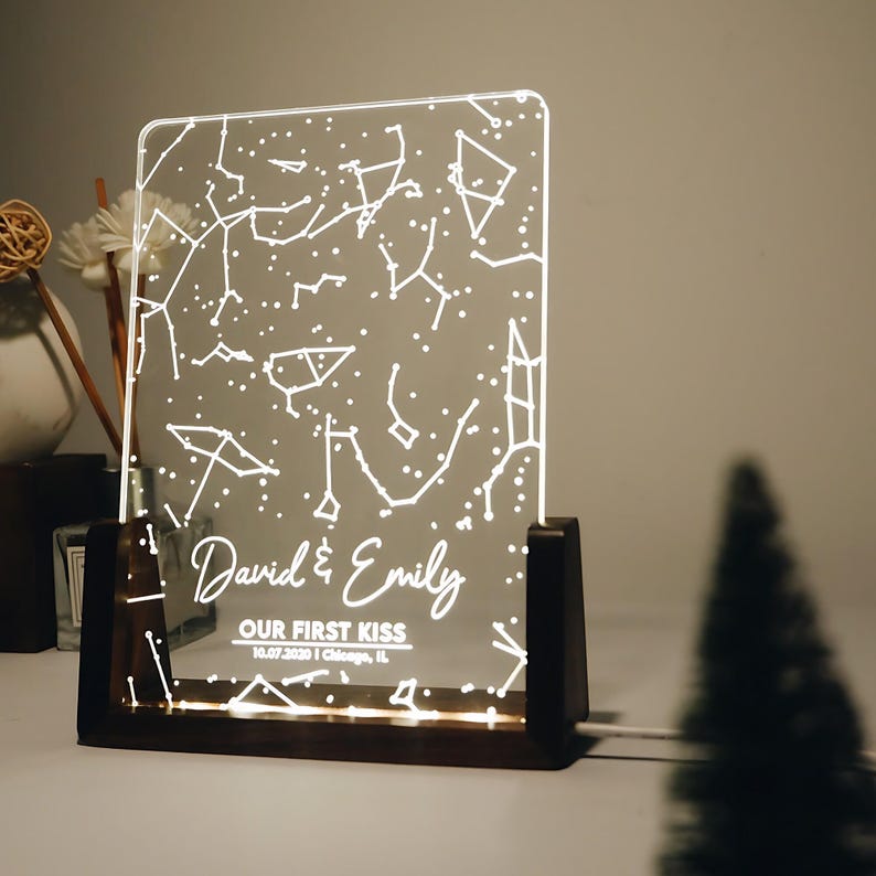 Personalized Star Map Acrylic Night Light, a romantic star map gift and cherished first kiss star map for Valentine's Day.