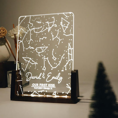 Personalized Star Map Acrylic Night Light, a romantic star map gift and cherished first kiss star map for Valentine's Day.