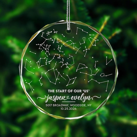 A Personalized Star Map By Date Glass Ornament, a unique star map ornament and engraved Christmas ornament for couples.