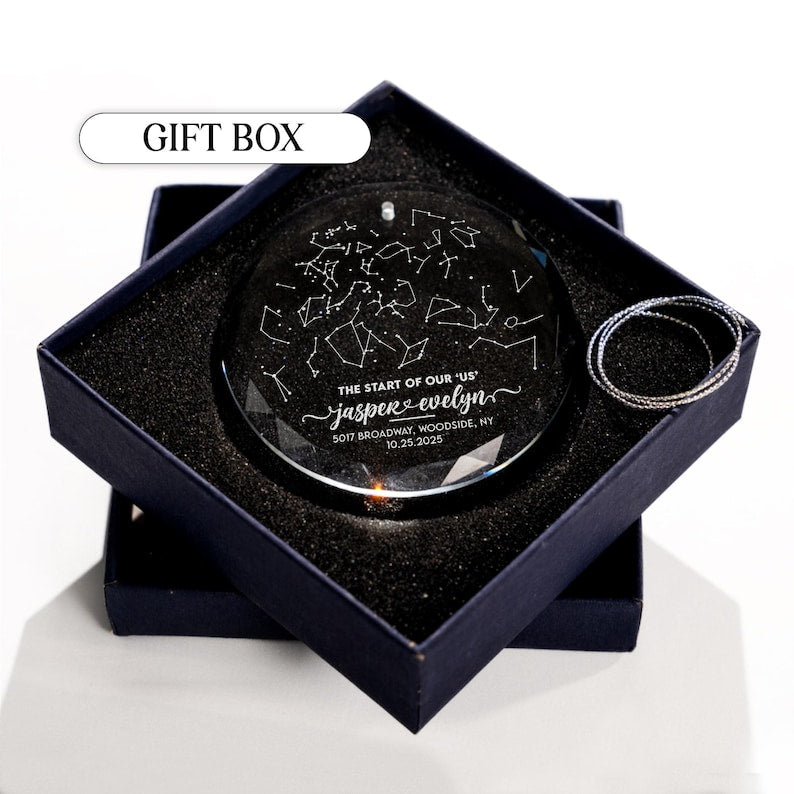 This crystal engagement ornament, a Personalized Star Map By Date Glass Ornament, is a perfect christmas gift for couples.