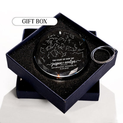 This crystal engagement ornament, a Personalized Star Map By Date Glass Ornament, is a perfect christmas gift for couples.