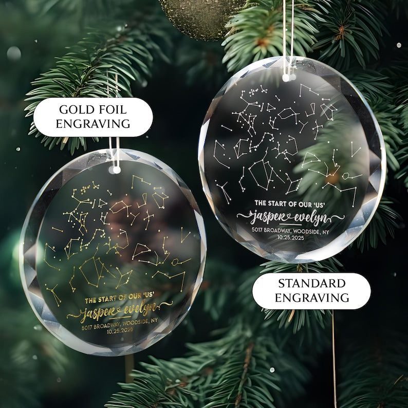 A close-up of a sparkling star map ornament, the Personalized Star Map By Date Glass Ornament is an ideal anniversary ornament.