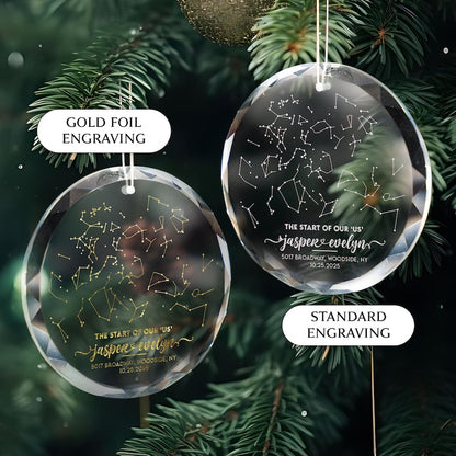 A close-up of a sparkling star map ornament, the Personalized Star Map By Date Glass Ornament is an ideal anniversary ornament.