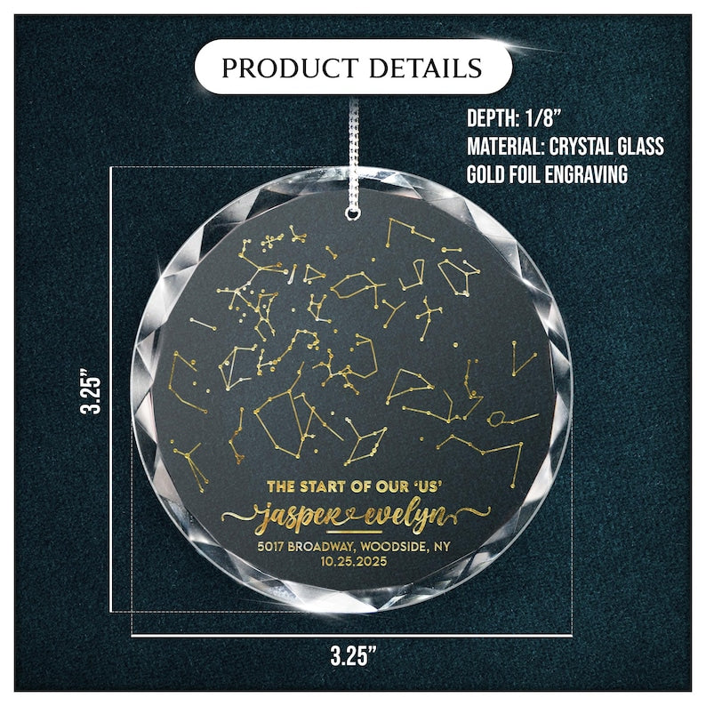 The perfect christmas gift for couples, this Personalized Star Map By Date Glass Ornament is a unique map ornament and crystal keepsake.