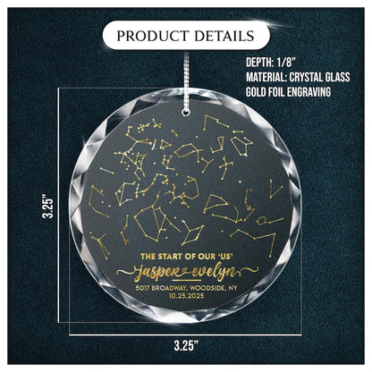 The perfect christmas gift for couples, this Personalized Star Map By Date Glass Ornament is a unique map ornament and crystal keepsake.