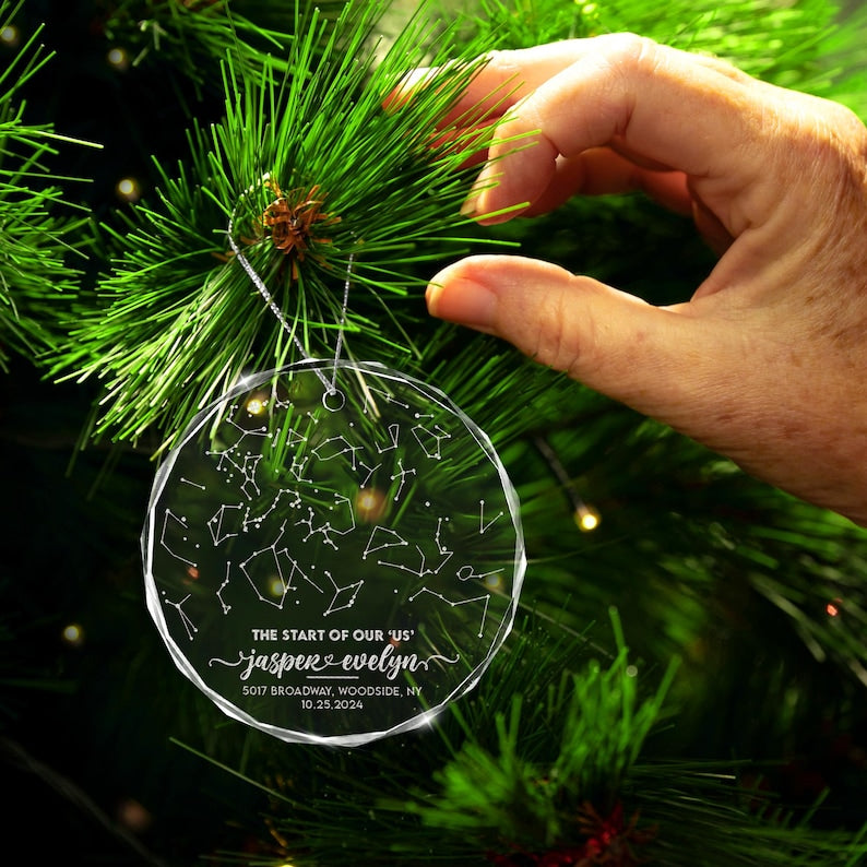 A beautiful custom star map ornament, the Personalized Star Map By Date Glass Ornament is an elegant engraved Christmas ornament.