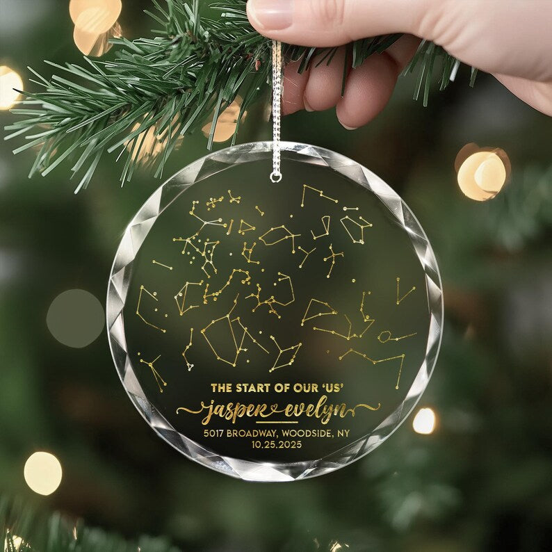 This map ornament, the Personalized Star Map By Date Glass Ornament, is a thoughtful engagement ornament for a couple.