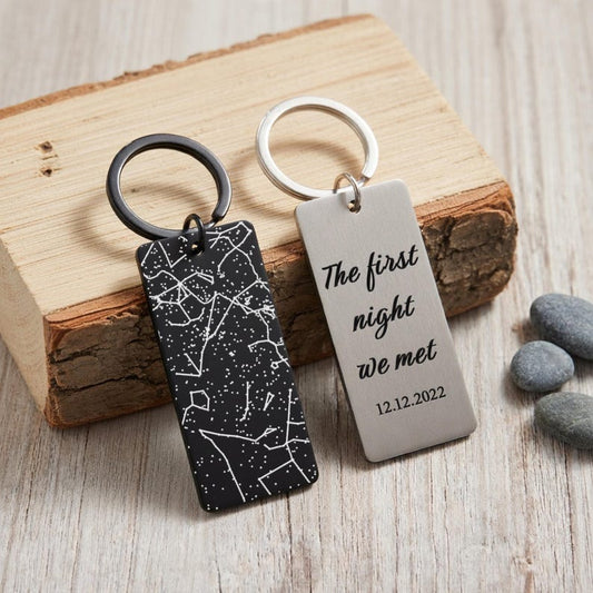 Personalized star map metal keychain, a unique custom metal keychain and engraved anniversary gift for him.