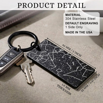 Engraved keychains for him with a first kiss star map, an ideal constellation date gift for your husband.
