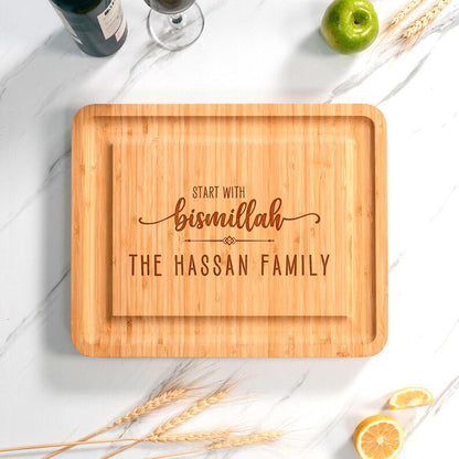 The perfect personalized charcuterie board with tools, this high-quality bamboo cheese board set is designed for hosting.