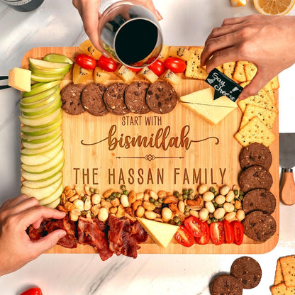 A stylish and durable custom made charcuterie board, perfect for serving appetizers and celebrating special milestones.