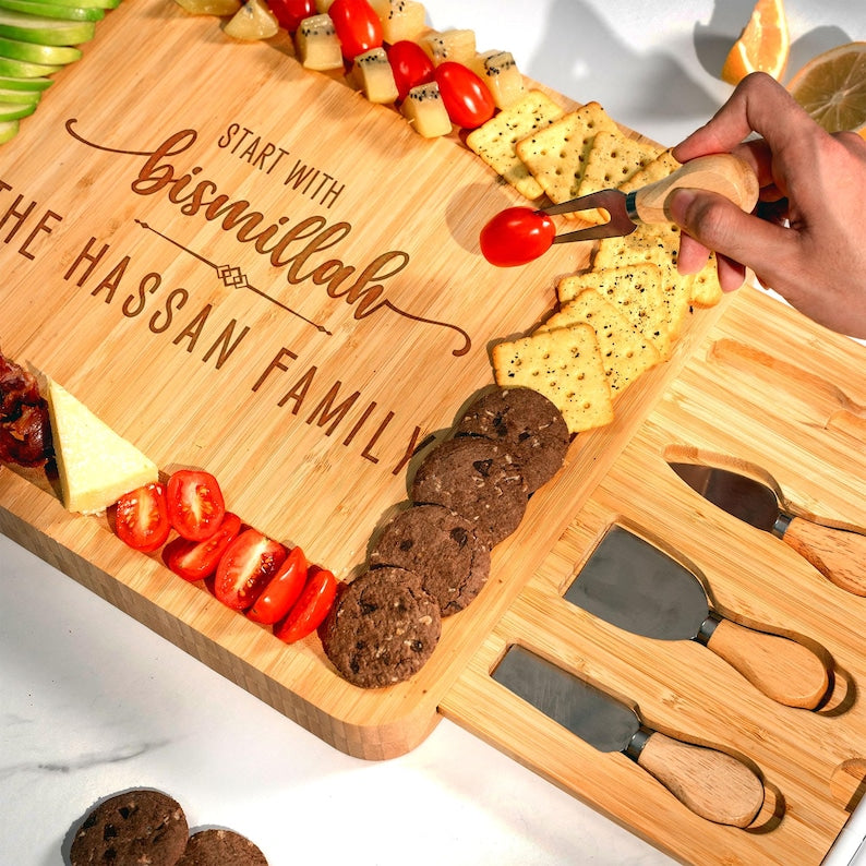 Personalized Start With Bismillah Charcuterie Board, a unique custom engraved cheese board that blends faith with function.