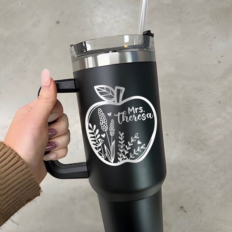 Durable engraved tumbler with handle, an excellent choice for good teacher appreciation gifts in bulk.