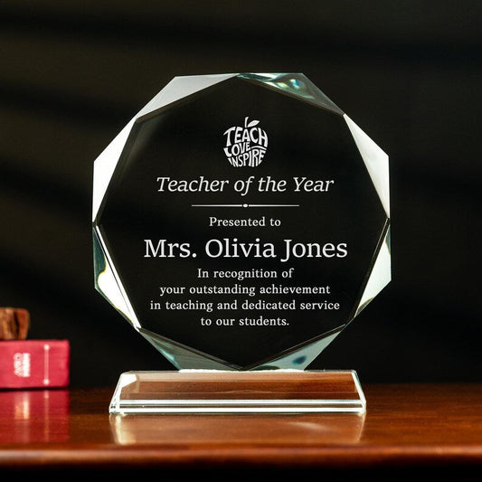 Personalized Teacher Appreciation Crystal Award, an elegant thank you gift for teachers during Teacher Appreciation Week.