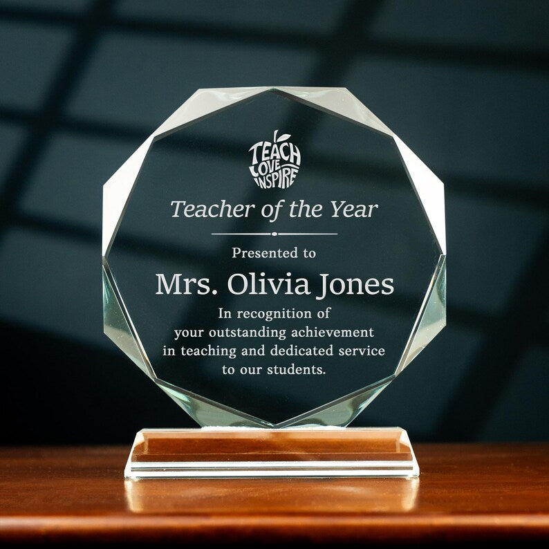 This stunning Personalized Teacher Appreciation Crystal Award serves as the perfect teacher of the year plaque or trophy.