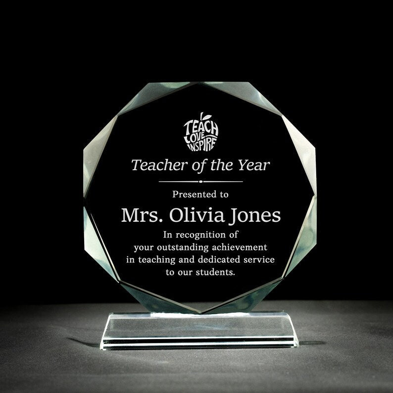 A beautiful custom teacher gift, the Personalized Teacher Appreciation Crystal Award is one of the best teacher appreciation gifts.