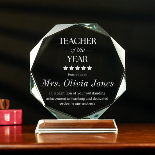 A beautiful Personalized Teacher of the Year Crystal Award, an elegant teacher of the year plaque and a thoughtful appreciation gift.