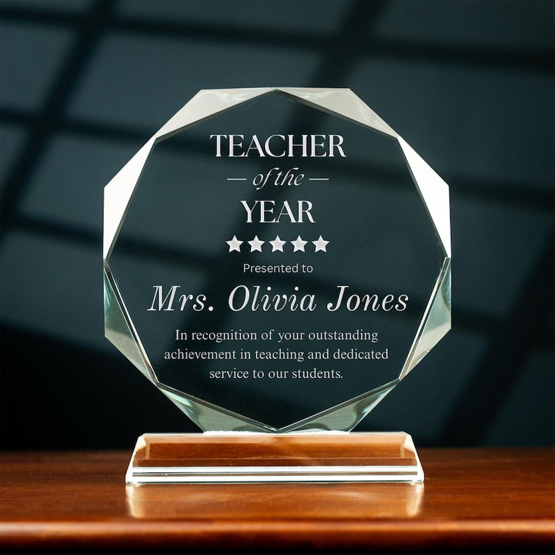 Celebrate Teacher Appreciation Week with a Personalized Teacher of the Year Crystal Award, one of the best personalized teacher gift ideas.