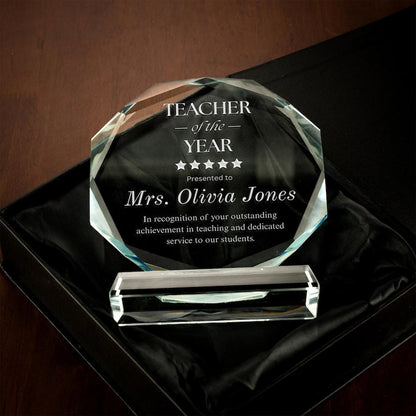 A custom Personalized Teacher of the Year Crystal Award, a unique teacher of the year gift idea to honor their dedication and hard work.