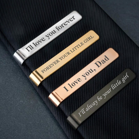 Personalized tie clip for dad, a unique tie bar custom and engraved Father's Day gift for dad.