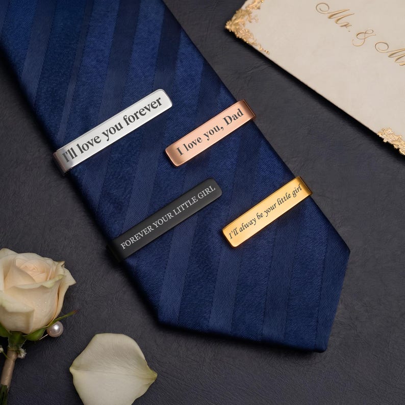 Engraved Father's Day gifts like this custom tie clip, a thoughtful present for Father's Day 2026.