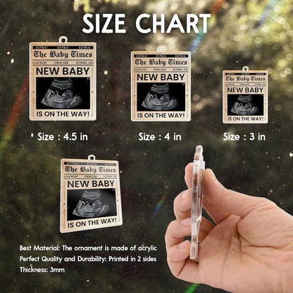 The perfect pregnant Christmas ornament, this Personalized Ultrasound Newspaper Acrylic Ornament is a unique keepsake.