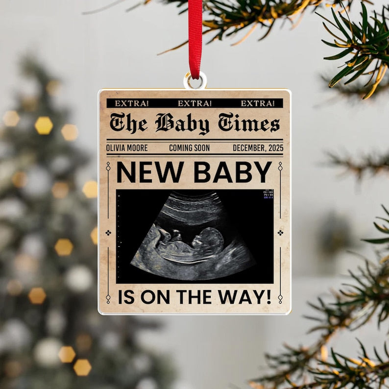 This newspaper ornament, a Personalized Ultrasound Newspaper Acrylic Ornament, is an ideal pregnant Christmas ornament for the holidays.