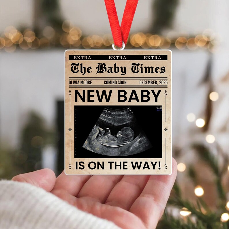 Personalized Ultrasound Newspaper Acrylic Ornament, a custom pregnancy announcement ornament and cherished newspaper ornament.