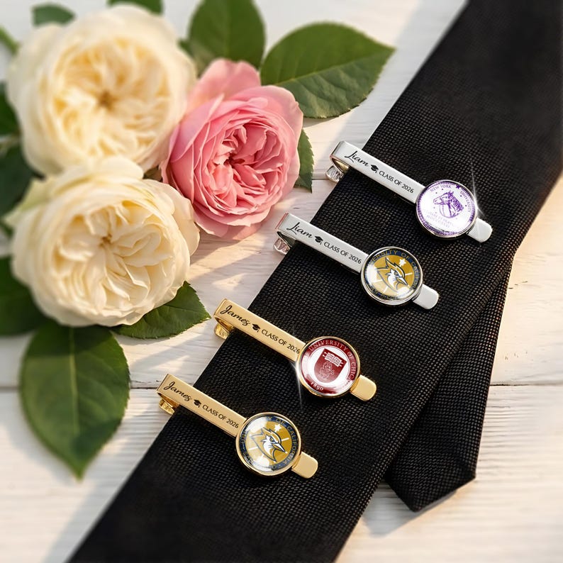 A premium college logo tie clip for him or her, providing a high-quality keepsake for your milestone.