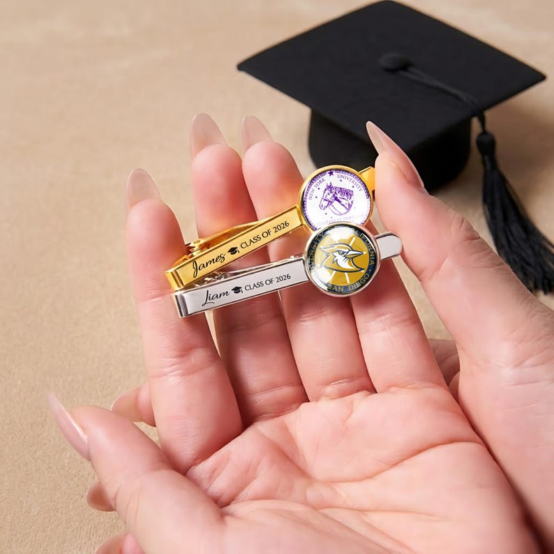 Customized graduation tie clip with logo, offering a personal touch to your professional legal attire.