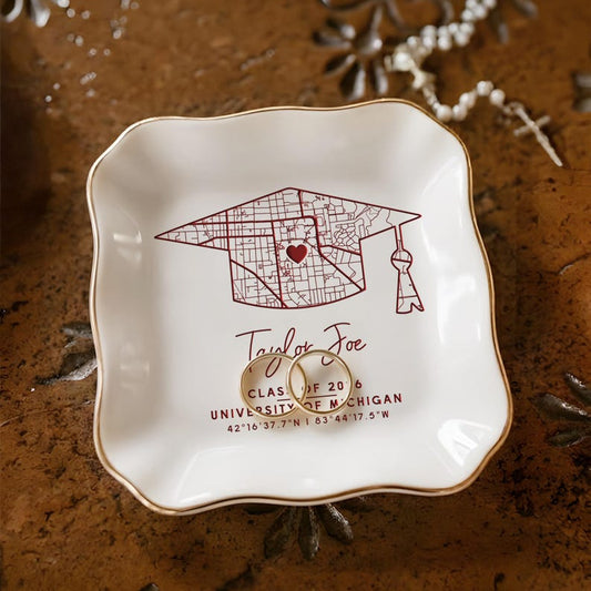 Personalized University Map Graduation Ring Dish for Class of 2026, a unique and nostalgic gift.