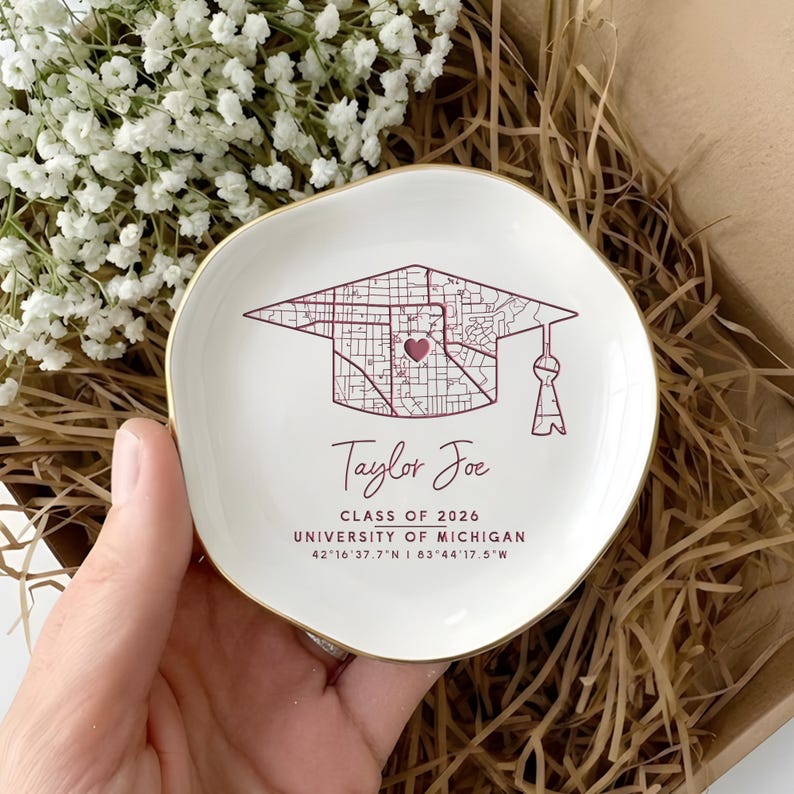 Customized graduation gifts for her or him, this university map dish adds a personal touch.
