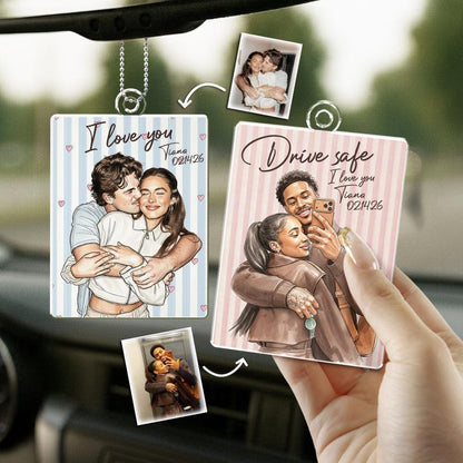 Personalized Valentines Couple Photo Car Hanging Ornament, a unique custom rear view mirror hanger and perfect Valentine's gift for him.